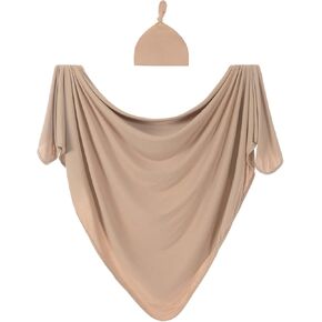 Large Jersey Knitted Swaddle Blanket for Baby, Soft Stretchy Receiving Blanket for Newborns with Hat, Large 47 x 47 inches (Muted Fawn), BY001
