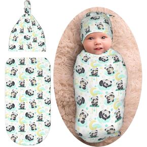 Panda Moon Star Newborn Swaddle Blanket for Baby,Unisex Baby Stuff,Soft Sleep Sack for Boys Girls, with Beanie hat Set, Baby Swaddle Wrap for Baby Shower Infant