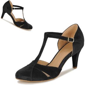 Women Kitten Heels Mary Jane Pumps Shoes Ankle T-Strap Closed Round Toe Sandals Heeled Cut Out Suede Mary Janes Dress Shoe Mid Thin Heel Patchwork Office Ladies Wedding Party Dance 4-11 M US