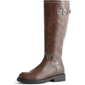 Women's Knee High Boots Wide Calf Platform Lug Sole Riding Boots Side Zipper Buckle Comfortable Tall Boots Chunky Low Heel Classic Round Toe Long Boots for Women,Brown,Size 8