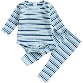 Mialoley Striped Outfit Newborn Baby Boy Girl Fall Winter Ribbed Knitted Clothes Long Sleeve Stripes Print Romper Pant Sets