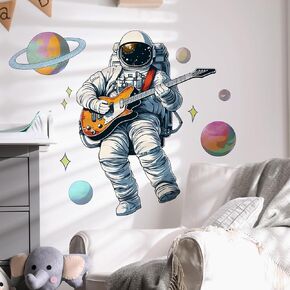 Minstrel Astronaut Playing Guitar Wall Sticker Nursery Music Wall Decal for Kid Boy Baby Removable Peel and Stick Wall Art Home Decor Decoration for Classroom Preschool Living Room Bedroom