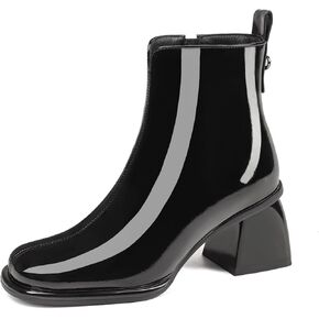 Black Ankle High Boots for Women Patent Leather Gogo Boots Chunky Heel Boots Round Toe Short Boots With Side Zipper