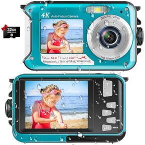 4K Digital Camera 11FT Underwater Camera with 32GB Card 56MP Autofocus Dual-Screen Selfie Waterproof Camera for Snorkeling Compact Floatable Point and Shoot Digital Camera 1250mAh Battery