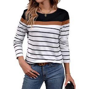 LilyCoco Womens Long Sleeve Striped Shirt Colorblock Tee Crew Neck Casual Tops Black Brown Small