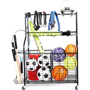 All-in-one Sports Equipment Organizer – Ball Storage for Sports Gear and Toys with Four Baskets and Six hooks for Indoor/Outdoor Use – Moveable Ball Rolling Cart with Wheels for Garage - Black