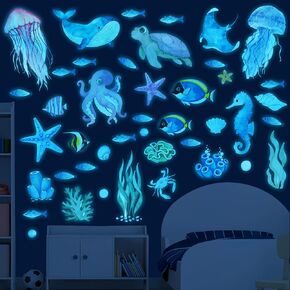 Glow in The Dark Ocean Wall Decals Sea Fish Wall Stickers Glow in The Dark Wall Decals for Kids Boys Girls Bedroom Living Room Wall Decor