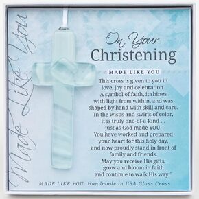 On Your Christening, Beautiful Baby Aqua/Clear Handmade Glass Cross Keepsake Gift