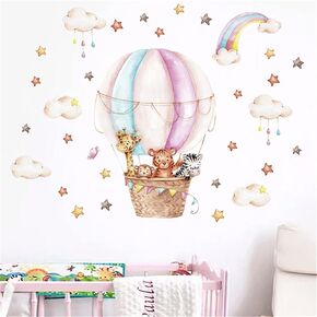 Hot Air Balloon Wall Decals Rainbow Clouds Star Wall Sticker Peel and Stick Cute Animals Travelling in A Balloon Wall Art Murals Kids Baby Nursery Playroom Bedroom Classroom Wall Decor 35.4in *26.4in