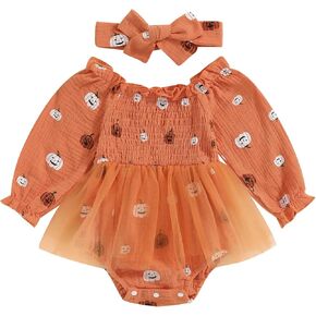 Kuriozud Baby Girl Halloween Outfits,Linen Pumpkin Onesie Long Sleeve Ruffle Romper Bow Headband Newborn Infant Fall Clothes