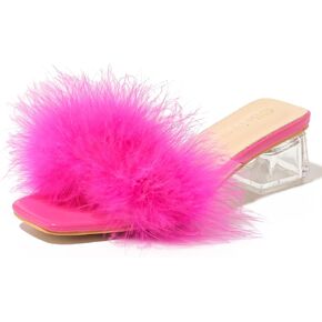 Heiyom Women's Square Toe Low Block Chunky Heels Mules Sandals Fluffy Feather Slip on Clear Heels Wedding Bridal Party Dress Shoes Hot Pink 39 US7.5