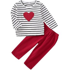 Toddler Kids Baby Girls Valentine's Day Outfit Long Sleeve Stripe Top Shirt + Ruffle Pant Set