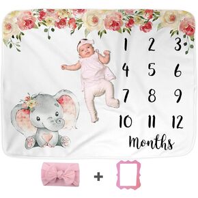 Elephant Baby Monthly Milestone Blanket with Head Bow, Floral Pink Newborn Month Blankets Girl, Track Months Photo Prop Growth Mat, Nursery Swaddling Wrap, Infant Photography (50"x40", Minky)
