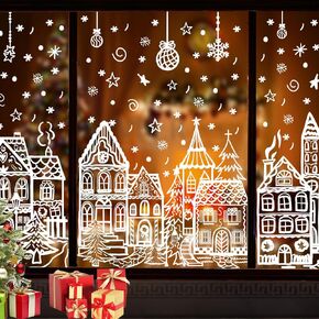 4 Sheets Large Christmas Window Stickers White House Xmas Window Clings for Glass Decoration Snowman Snowflake Double-Sided Window Decals for Christmas Holiday Party Ornament 15.7 * 27.5IN