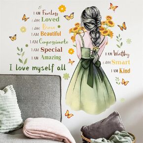 Green Ponytail Girl Inspirational Wall Stickers, sacinora Motivational Word Sunflower Butterfly DIY Wall Decal Removable Vinyl Peel and Stick for Women Girls Kids Living Room Bedroom Nursery Art Decor