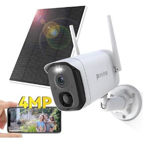 Solar Wireless Camera Outdoor - 4MP HD Cameras for Home Security with 2.4Ghz WiFi Cam, Color Night Vision, 2-Way Talk, AI Motion Detection, Secure SD/Cloud Storage (White)