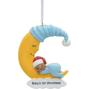 Baby's 1st Christmas Personalized Ornament - African American Baby Boy Sleeping on Moon - Young Child Christmas Ornament - Keepsake Gifts for Newborn Infant Toddler First Xmas