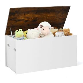 Costzon Kids Toy Box Storage Chest, Wooden Children Storage Bench Ottoman Trunk w/Flip-top Lid, 35.5" Wide Toddler Cabinet Organizer w/Pneumatic Rod for Kids Play Room Nursery (Rustic Brown + White)