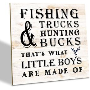 Nursery Decor, Wood Plaque Table Art Sign 6.2*6.2inch, Nursery Table Decor for Baby Boys Toddlers, Desk Decor Art, Sportsman Wood Sign, Fishing Trucks Hunting Bucks That's What Little Boys are Made Of