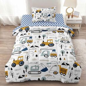 4-Pcs Construction Twin Size Boys Bedding Set, Kids Comforter Set for Teens w/Sheets and Pillowcase, Soft Cartoon Tractor Cars Bed in a Bag Sets