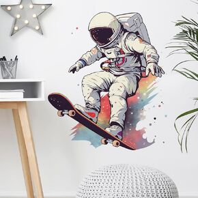 Skater Astronaut Wall Sticker Nursery Skateboarding Wall Decal for Kid Boy Baby Removable Peel and Stick Wall Art Home Decor Decoration for Classroom Preschool Playing Room Living Room Bedroom