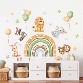 Jungle Animals Wall Decals Rainbow Ballon Star Wall Stickers, Cartoon Lion Elephant Monkey Rabbit Wall Decor for Kids Nursery Toodlers Bedroom Playroom Classroom