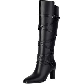 Women's Knee High Boots Wide Calf Boots Pointed Toe Chunky Heeled Boots with Side Zip Leather Wraparound Buckle Fall winter Tall Boots For Women