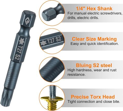 HARFINGTON 3pcs T27 Torx Screwdriver Bit 1/4" Hex Shank 2" Long S2 Steel Magnetic 6 Point Screw Driver Bits Industrial Grade Tamper Proof Star Drill Bits with Hole Torx Head in Saudi Arabia