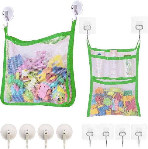 منظم ألعاب الحمام، أكياس تخزين حامل ألعاب SUNDOKI، 2 شبكة ألعاب حمام مع 8 خطافات للأطفال والأطفال الصغار والبالغين (أخضر) in Saudi Arabia