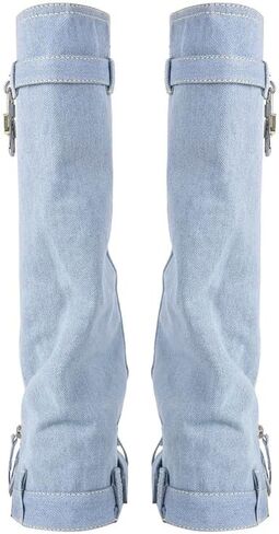 richealnini Women's Denim Western Boots Fold Over Calf Knee High Boots with Padlock Zip Up Stretchy Cowboy Boots in Kuwait