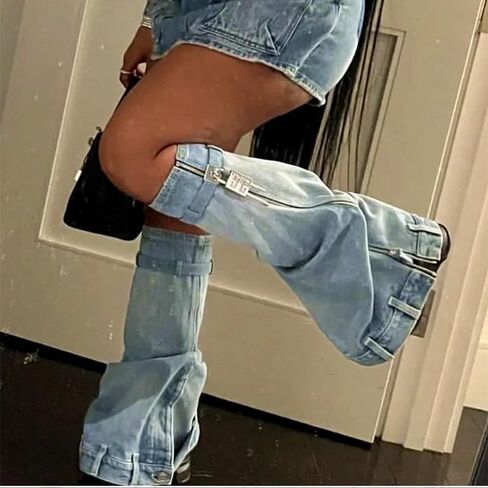 richealnini Women's Denim Western Boots Fold Over Calf Knee High Boots with Padlock Zip Up Stretchy Cowboy Boots in Kuwait