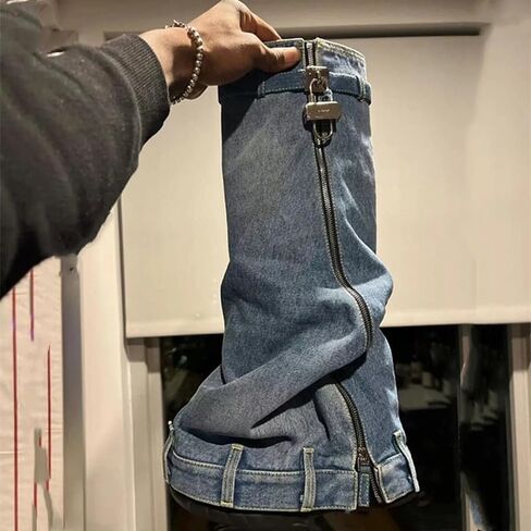 richealnini Women's Denim Western Boots Fold Over Calf Knee High Boots with Padlock Zip Up Stretchy Cowboy Boots in Kuwait