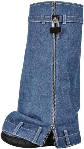 richealnini Women's Denim Western Boots Fold Over Calf Knee High Boots with Padlock Zip Up Stretchy Cowboy Boots in Kuwait