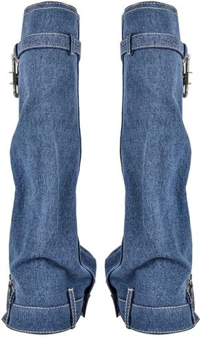 richealnini Women's Denim Western Boots Fold Over Calf Knee High Boots with Padlock Zip Up Stretchy Cowboy Boots in Kuwait
