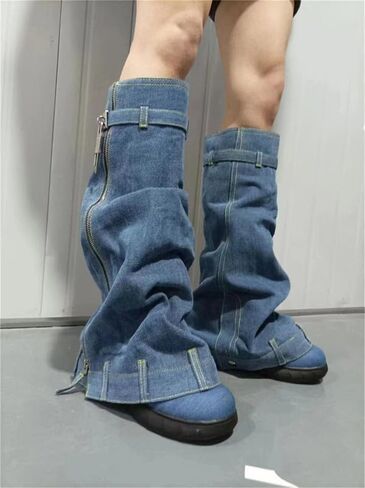 richealnini Women's Denim Western Boots Fold Over Calf Knee High Boots with Padlock Zip Up Stretchy Cowboy Boots in Kuwait