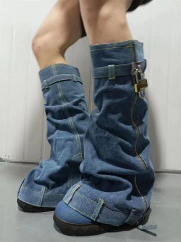 richealnini Women's Denim Western Boots Fold Over Calf Knee High Boots with Padlock Zip Up Stretchy Cowboy Boots in Kuwait