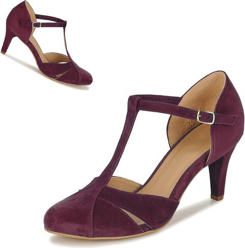 Women Kitten Heels Mary Jane Pumps Shoes Ankle T-Strap Closed Round Toe Sandals Heeled Cut Out Suede Mary Janes Dress Shoe Mid Thin Heel Patchwork Office Ladies Wedding Party Dance 4-11 M US in Saudi Arabia