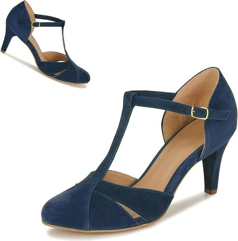 Women Kitten Heels Mary Jane Pumps Shoes Ankle T-Strap Closed Round Toe Sandals Heeled Cut Out Suede Mary Janes Dress Shoe Mid Thin Heel Patchwork Office Ladies Wedding Party Dance 4-11 M US in Saudi Arabia