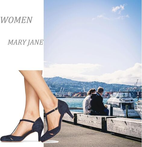 Women Kitten Heels Mary Jane Pumps Shoes Ankle T-Strap Closed Round Toe Sandals Heeled Cut Out Suede Mary Janes Dress Shoe Mid Thin Heel Patchwork Office Ladies Wedding Party Dance 4-11 M US in Saudi Arabia
