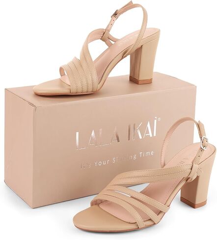 LALA IKAI Women's Strappy Slingback Chunky Heels Open Toe Rhinestones Sandals Fashion Dress Shoes in Saudi Arabia