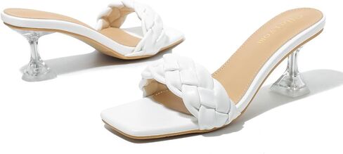 أحذية Heiyom النسائية ذات المقدمة المربعة والكعب العالي والصنادل البغال المثيرة والمضفرة سهلة الارتداء بكعب عالٍ شفاف للحفلات الراقصة in Kuwait