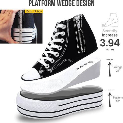 Womens Platform Wedge Sneakers Hidden Wedge 4 Inches Height Boost, High Top Canvas Heel Sneakers White Fashion Sneakers for Women and Girls in Kuwait