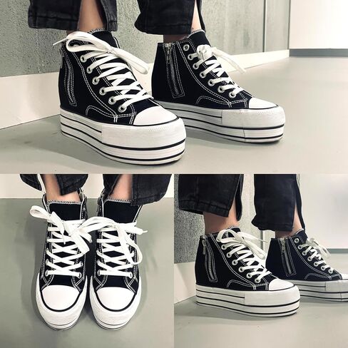Womens Platform Wedge Sneakers Hidden Wedge 4 Inches Height Boost, High Top Canvas Heel Sneakers White Fashion Sneakers for Women and Girls in Kuwait