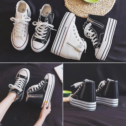 Womens Platform Wedge Sneakers Hidden Wedge 4 Inches Height Boost, High Top Canvas Heel Sneakers White Fashion Sneakers for Women and Girls in Kuwait