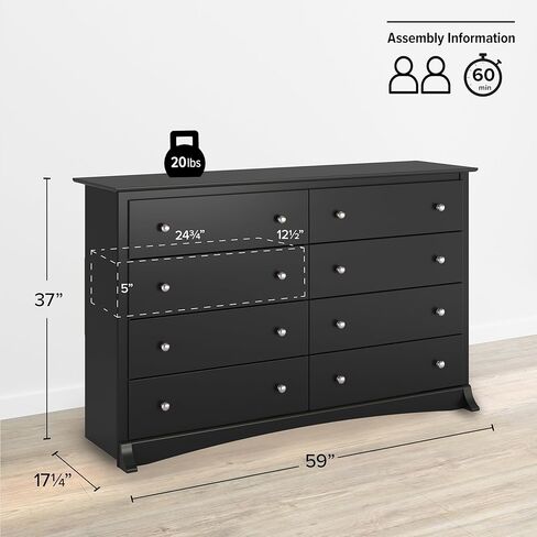 Prepac Sonoma 8 Drawer Double Dresser for Bedroom, Wide Chest of Drawers, Bedroom Furniture, Clothes Storage and Organizer, 15.75" D x 59" W x 36.25" H, White in Kuwait