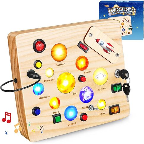 Busy Board for Toddler, Montessori Toys with LED Light, Wooden Sensory Toys for Toddler Activity for 1-6 Year Old Boys & Girls, Christmas & Birthday Gift for Toddler (Solar System) in Saudi Arabia