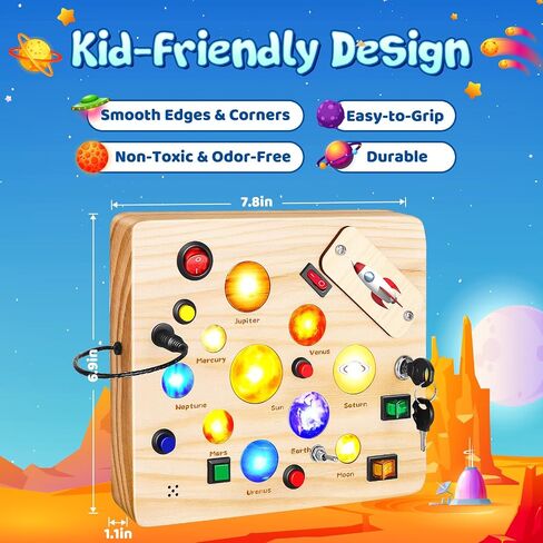 Busy Board for Toddler, Montessori Toys with LED Light, Wooden Sensory Toys for Toddler Activity for 1-6 Year Old Boys & Girls, Christmas & Birthday Gift for Toddler (Solar System) in Saudi Arabia