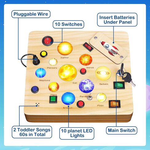 Busy Board for Toddler, Montessori Toys with LED Light, Wooden Sensory Toys for Toddler Activity for 1-6 Year Old Boys & Girls, Christmas & Birthday Gift for Toddler (Solar System) in Saudi Arabia