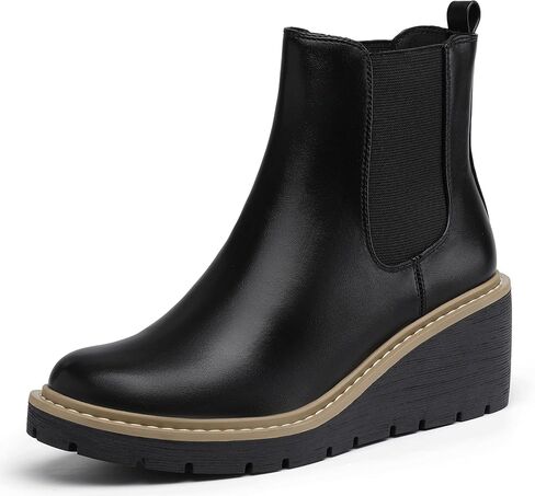 IDIFU IN3 Women's Wedge Boots Chelsea Ankle Booties Short Low Small Heel Heeled Fall Boots Lug Sole Slip On Platform Dress Boots Women Ladies Formal Wedding Dressy Comfortable Fashion Elastic Boots in Saudi Arabia
