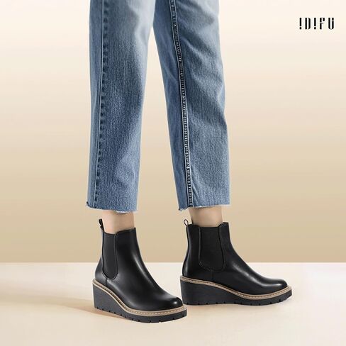 IDIFU IN3 Women's Wedge Boots Chelsea Ankle Booties Short Low Small Heel Heeled Fall Boots Lug Sole Slip On Platform Dress Boots Women Ladies Formal Wedding Dressy Comfortable Fashion Elastic Boots in Saudi Arabia